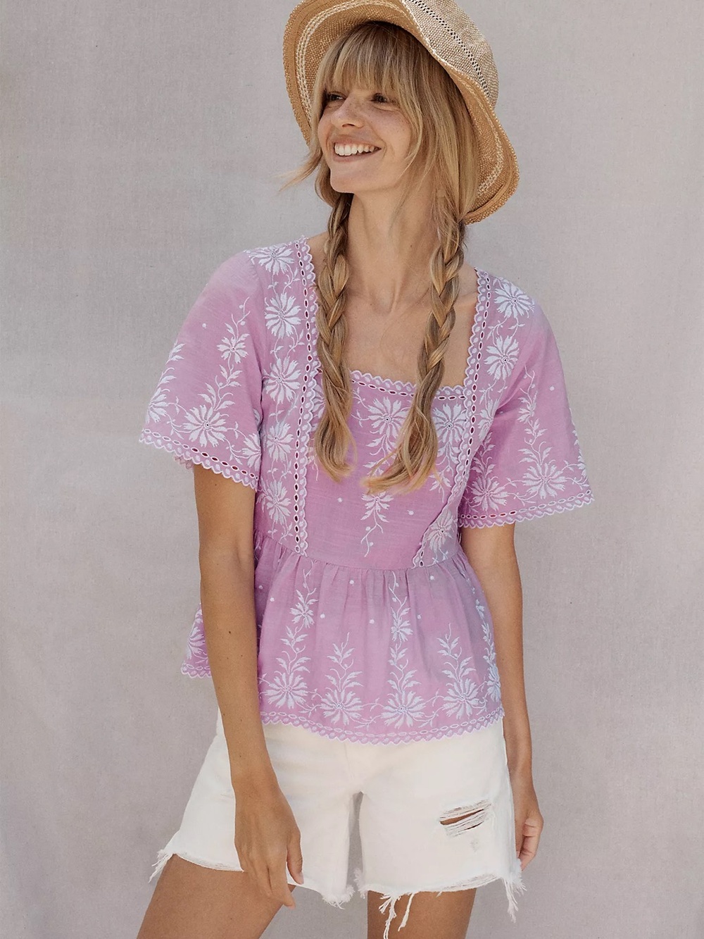 Maeve Alina Embroidered Eyelet Blouse in Purple White Size 0
